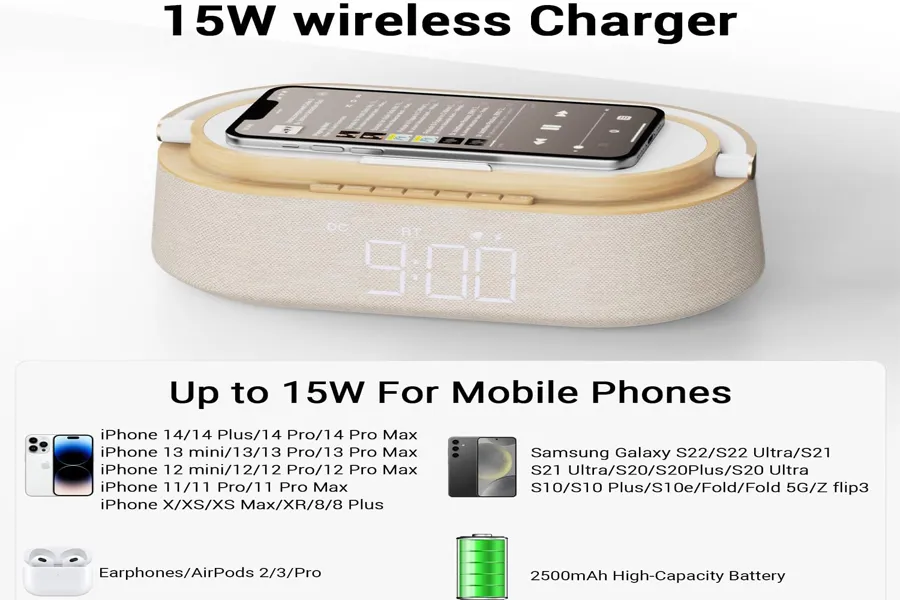 Bluetooth speaker with wireless charger and adjustable LED night light for bedside setup