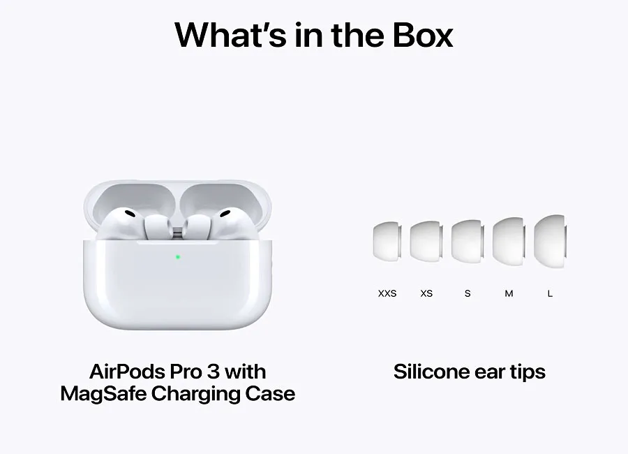 Apple AirPods Pro 3 earbuds and charging case product photo