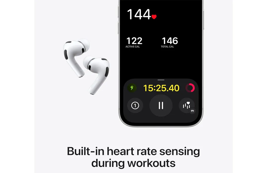 Person using premium wireless earbuds during a commute with city background
