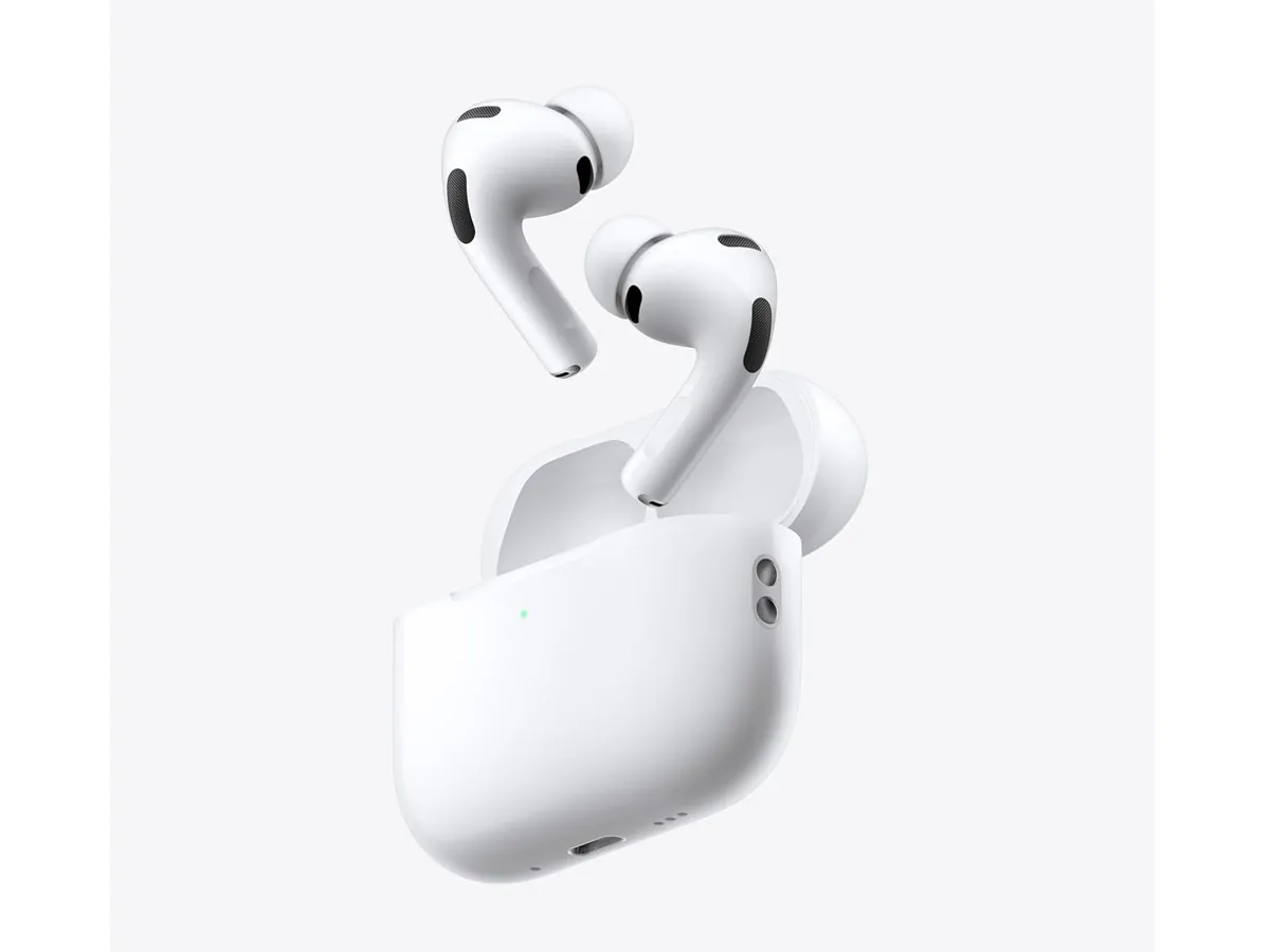 Apple AirPods Pro earbuds in charging case on a clean premium background