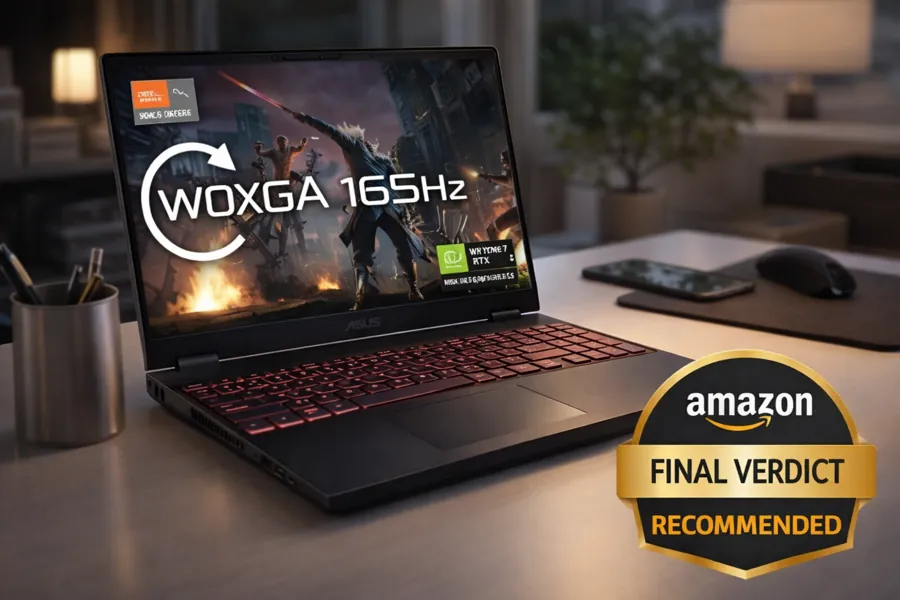 ASUS gaming laptop on a clean desk with subtle lighting, representing a premium final verdict recommendation