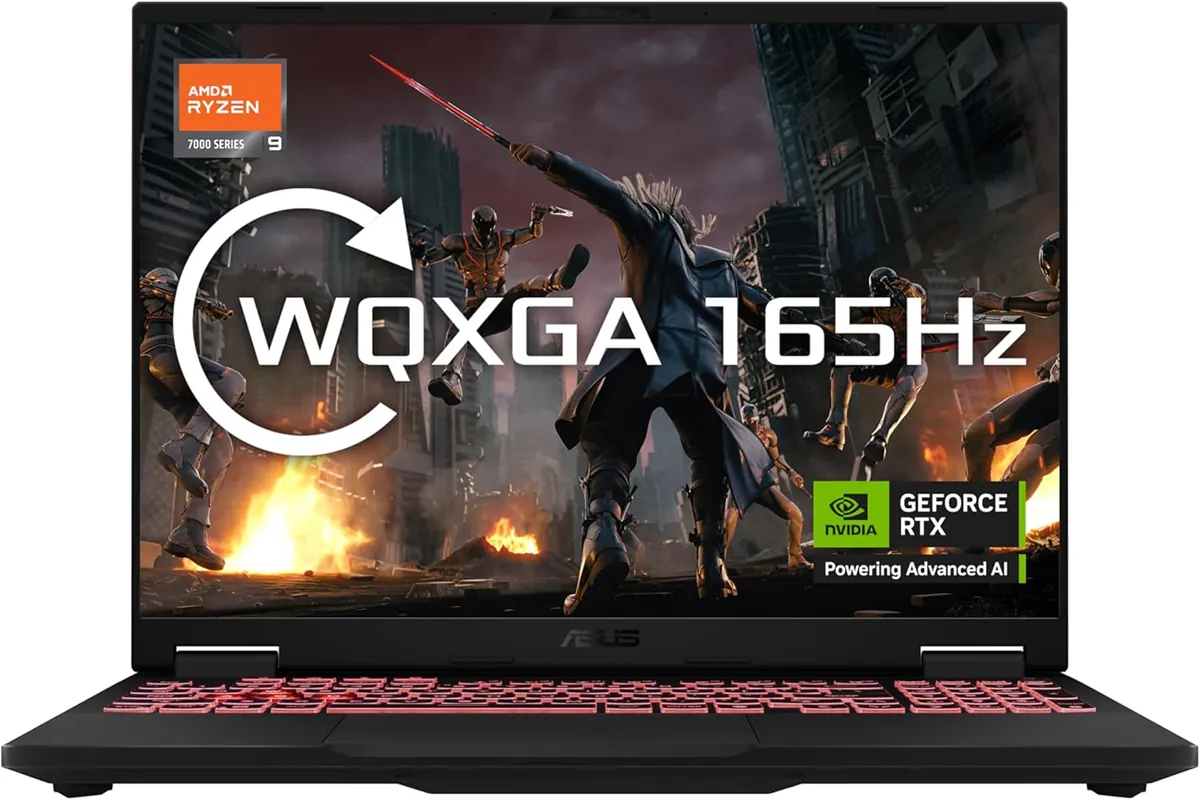 ASUS TUF Gaming A16 laptop on a clean gaming desk setup, showcasing RTX 5070 performance-ready design
