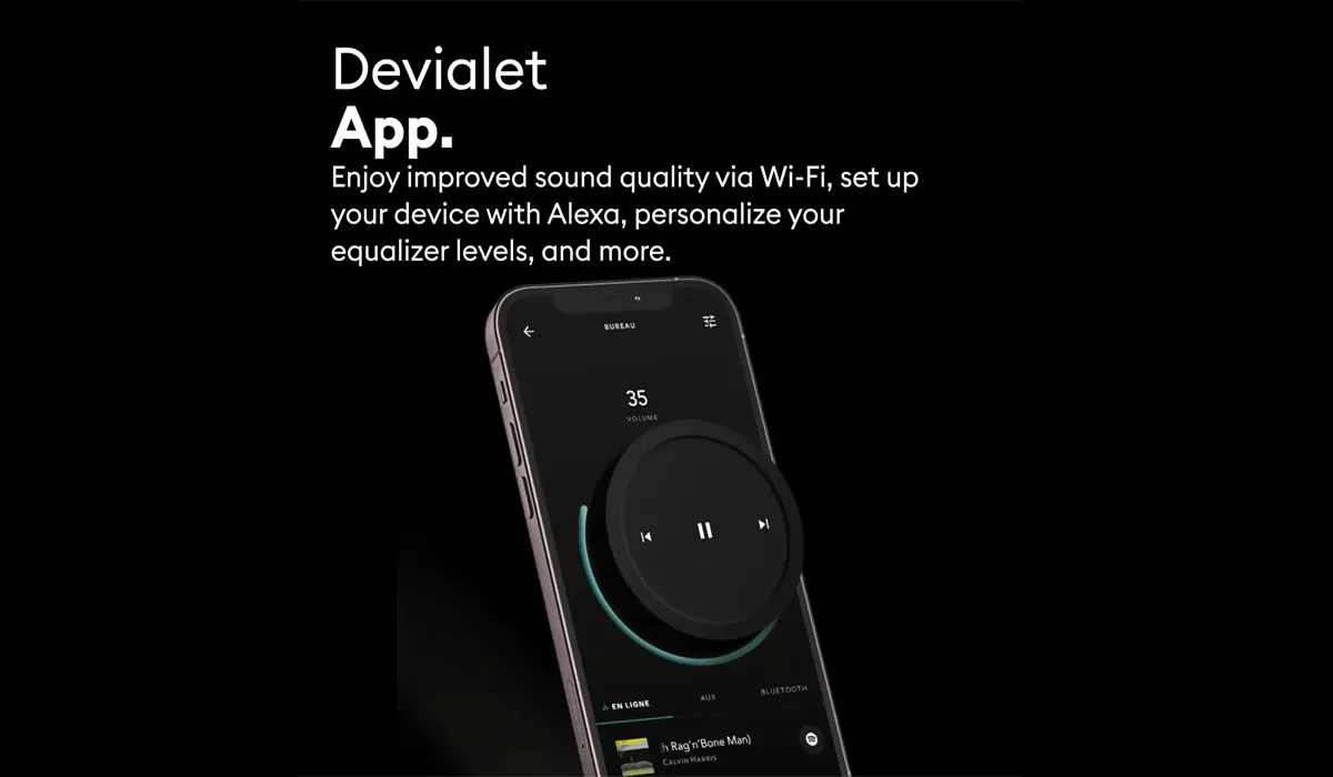 Close-up of Devialet Mania portable speaker showing premium materials and control details