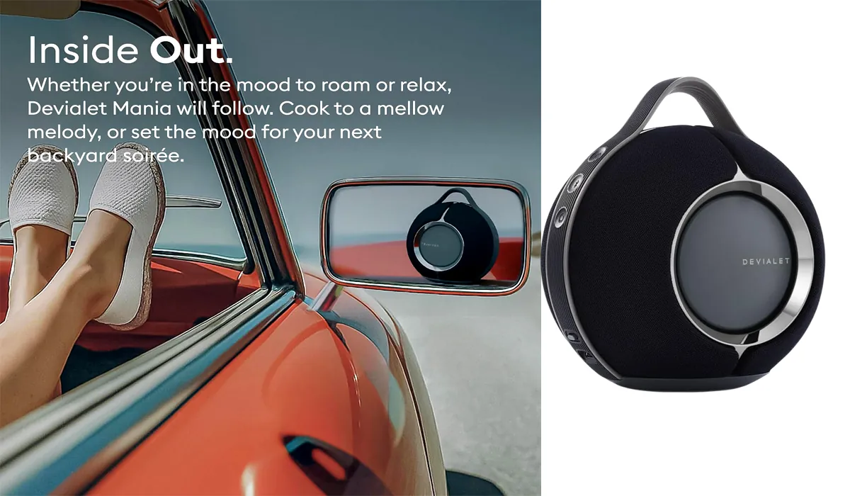Portable smart speaker placed in a stylish lounge area for relaxed listening