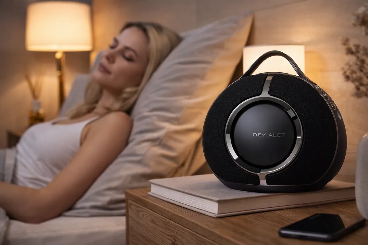 Portable smart speaker used for music in a cozy indoor setting