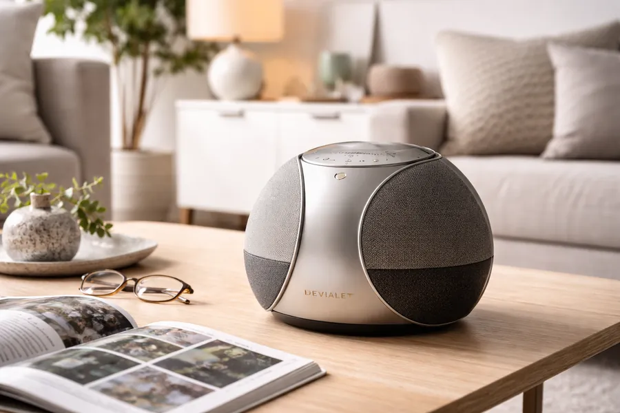 Premium portable smart speaker styled in a modern home for final recommendation