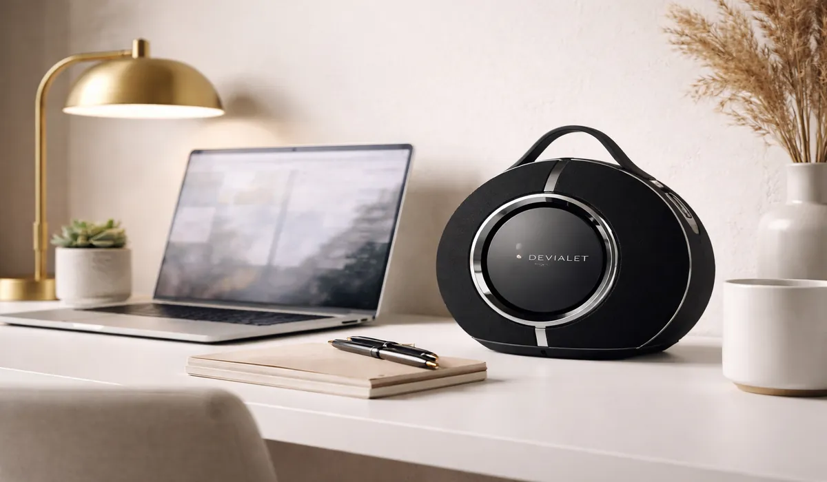Premium portable speaker used in a minimalist workspace