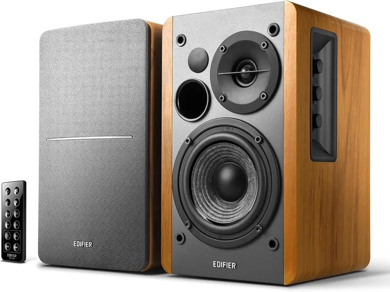 Edifier R1280DB powered Bluetooth bookshelf speakers in wood