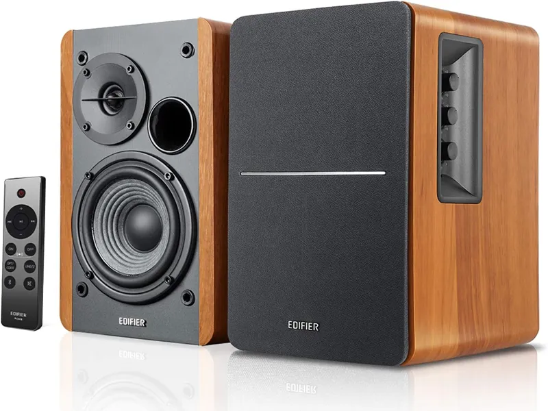 Edifier R1280DBs active Bluetooth bookshelf speakers in wood grain