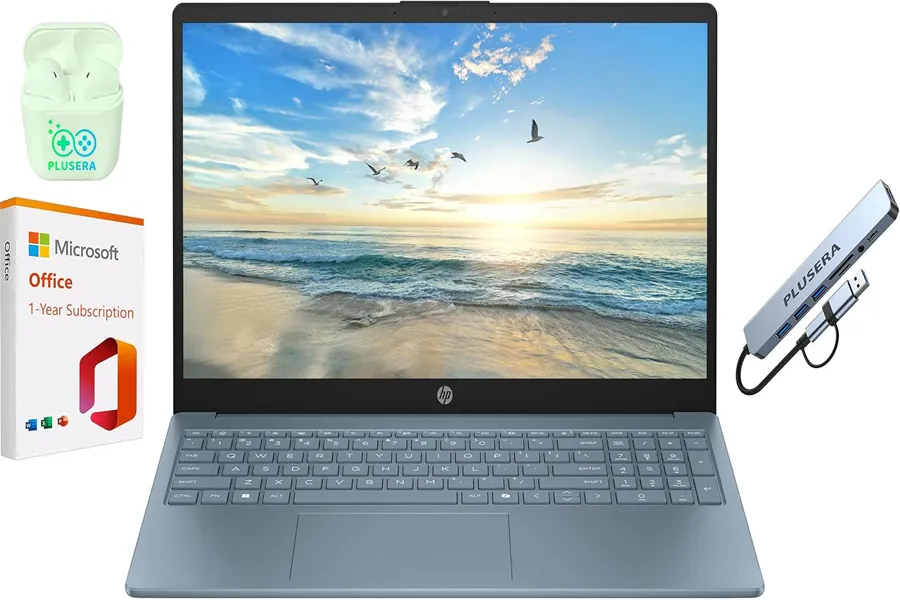 HP business laptop option with Office 365 bundle shown in a clean desk scene