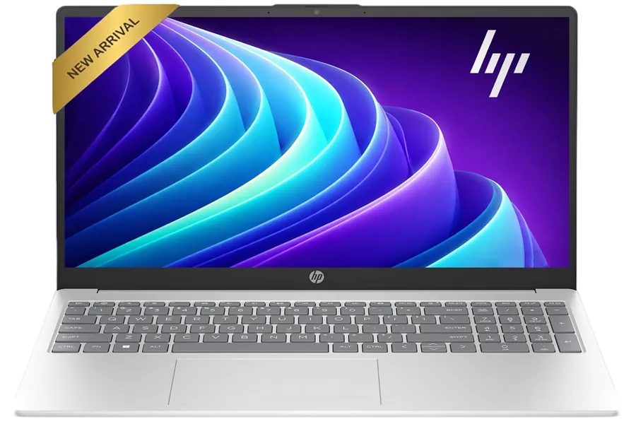HP laptop with Intel N100 option shown in a clean workspace