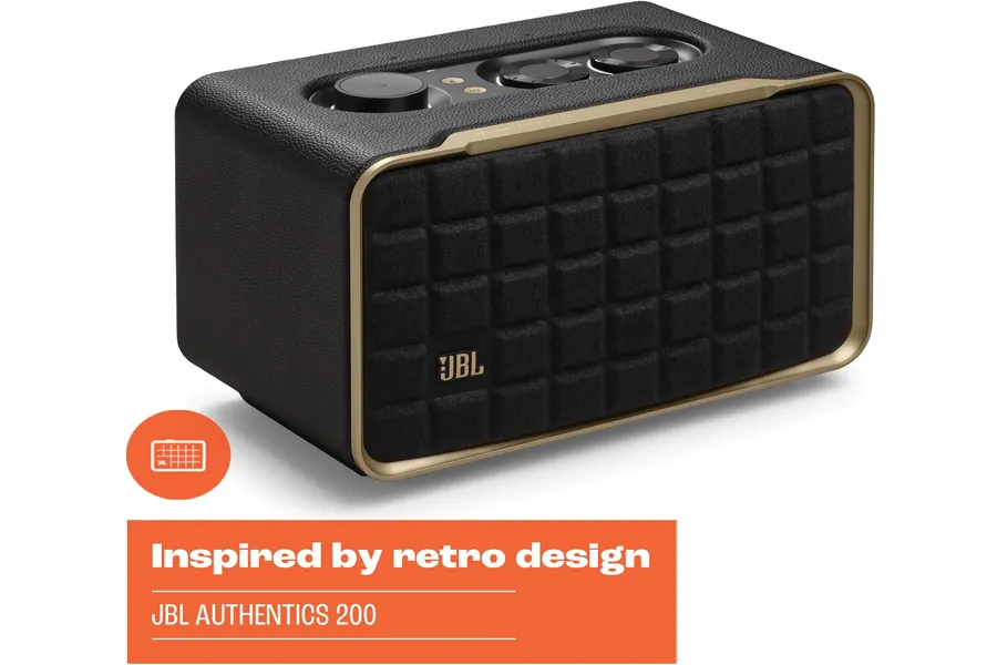 JBL Authentics 200 retro style smart home speaker in black and gold