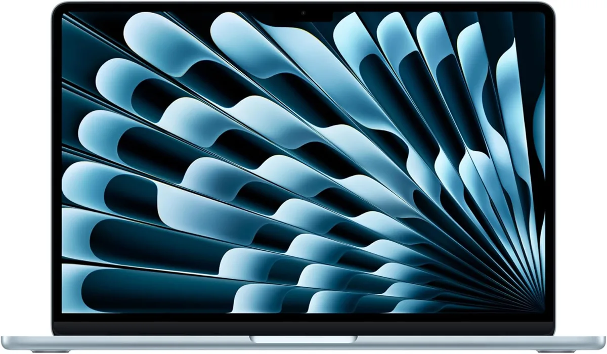 Apple MacBook Air with M4 chip in Sky Blue on a clean desk setup