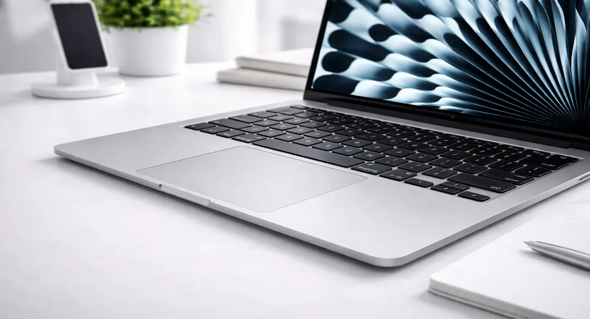 Close-up of a premium laptop keyboard and trackpad in a bright workspace