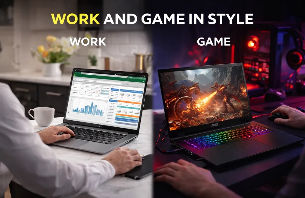 Laptop comparison concept with productivity and gaming use cases