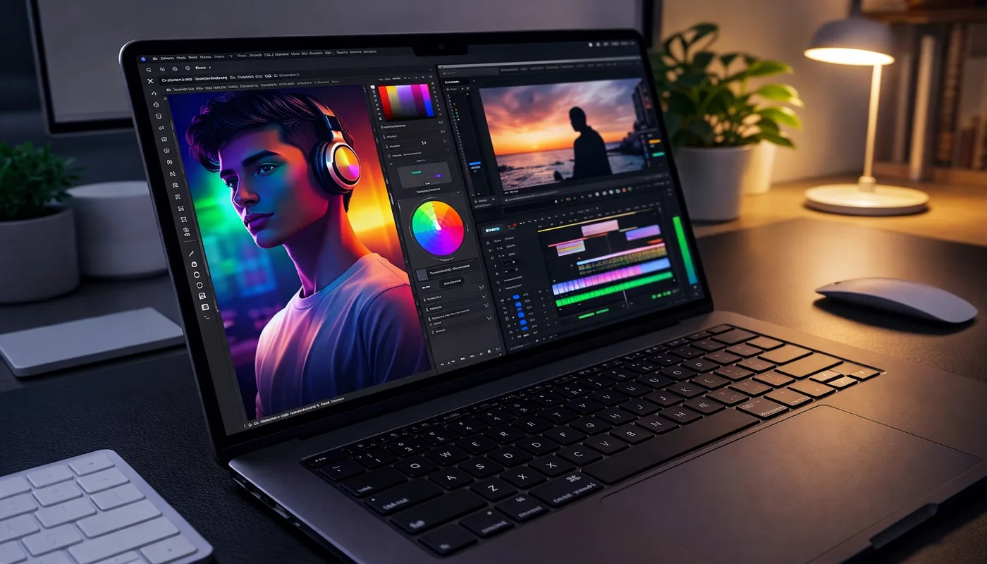 MacBook Pro display showing professional creative software with rich colors and sharp detail