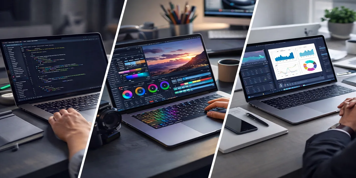Collage-style scene showing creative and professional workflows on a MacBook Pro