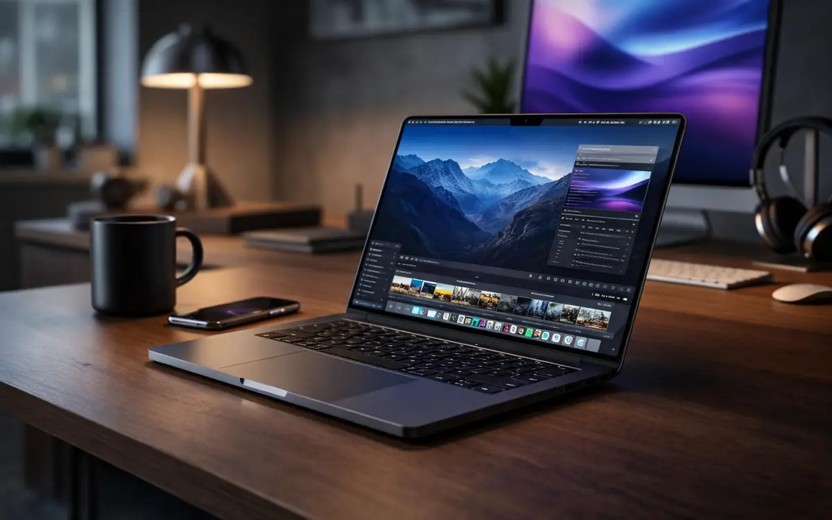 MacBook Pro M5 on a desk with a clean productivity workspace, ideal for professional daily use