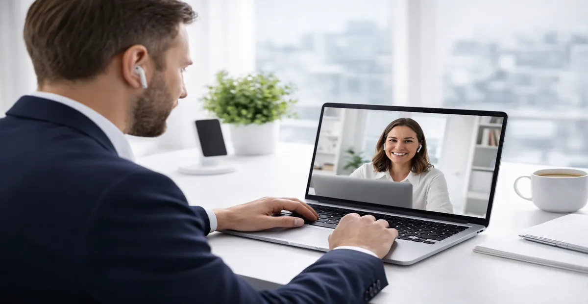 Professional working on a laptop during a video call in a minimalist office