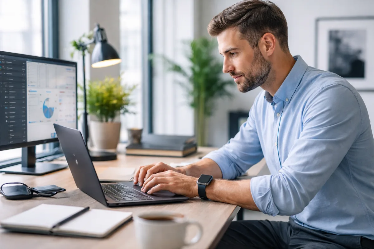 Professional working confidently on a MacBook Pro in a modern clean office environment