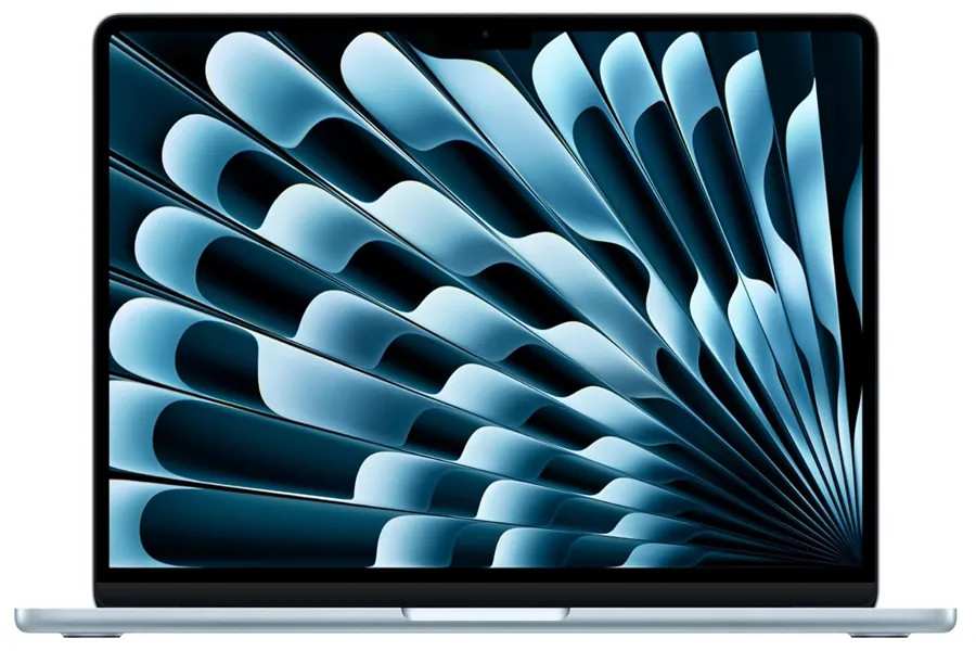 Apple MacBook Air M4 in Sky Blue on a bright desk
