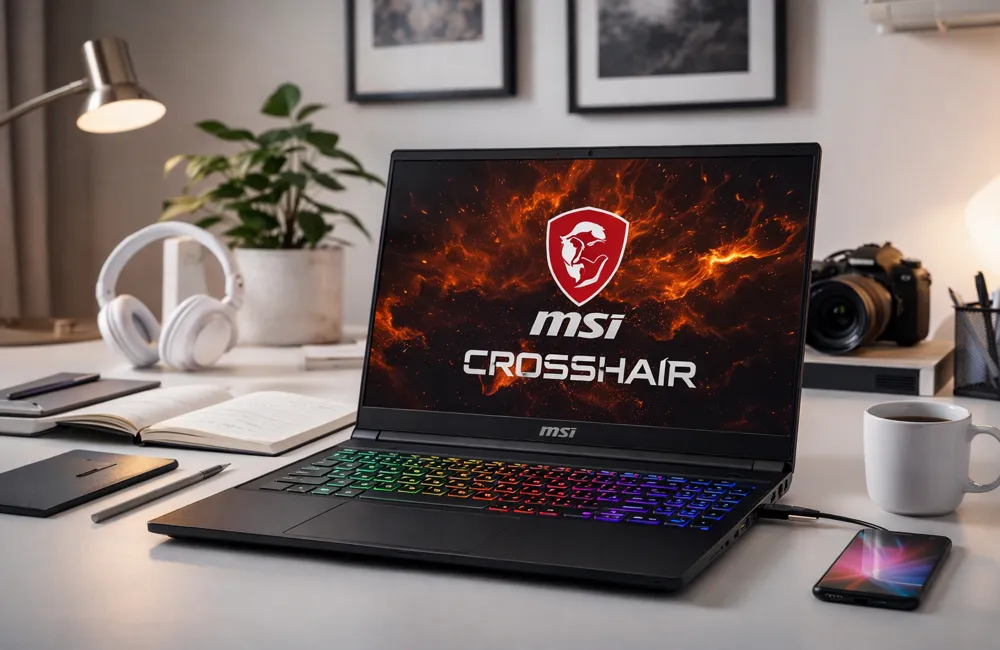 MSI Crosshair laptop on a clean desk setup for premium review presentation