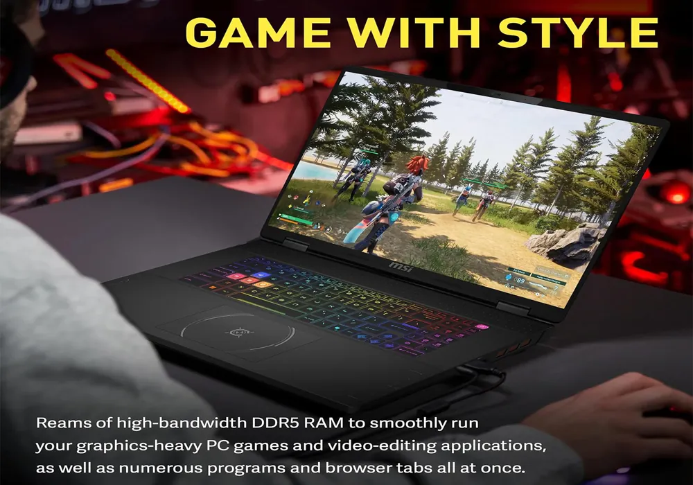 Close-up of MSI Crosshair keyboard and trackpad area