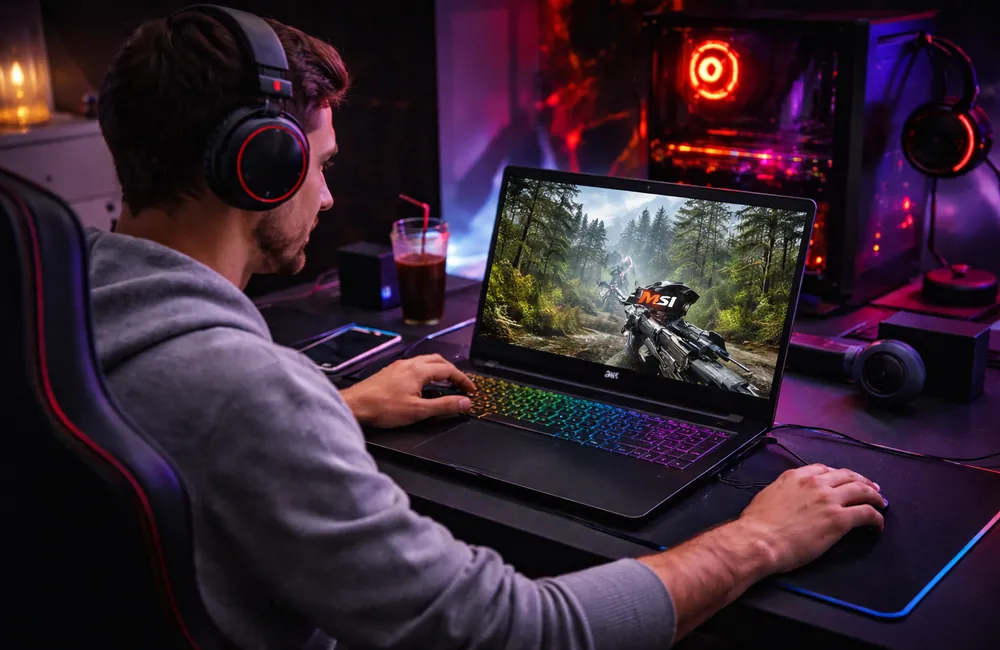 Person gaming on a laptop setup with headset for immersive play