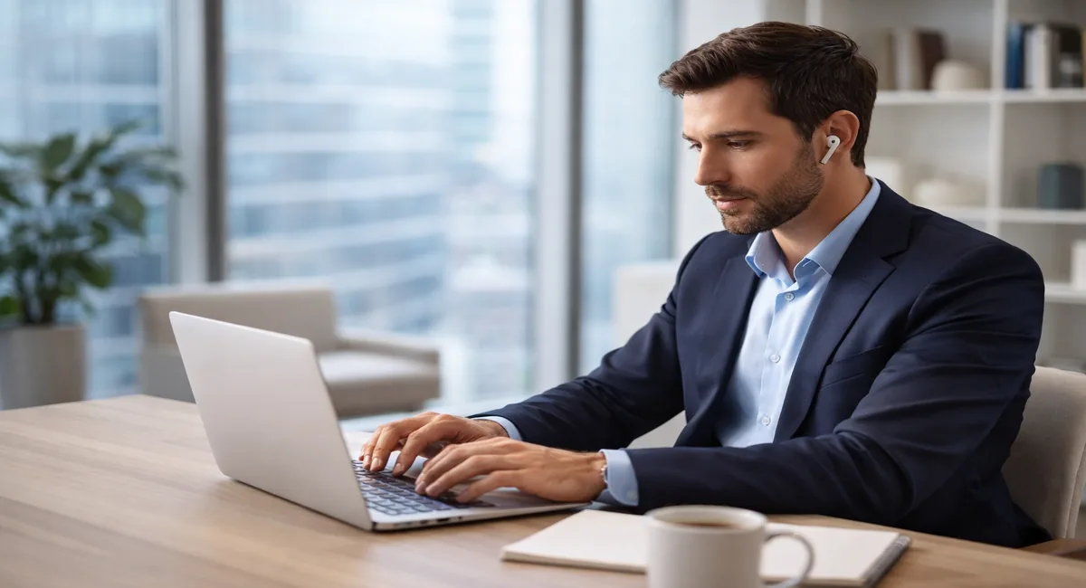 Professional working on a laptop while wearing wireless earbuds in a modern workspace