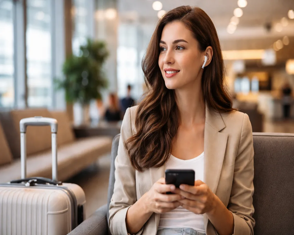 Wireless earbuds used during travel with luggage and lounge background