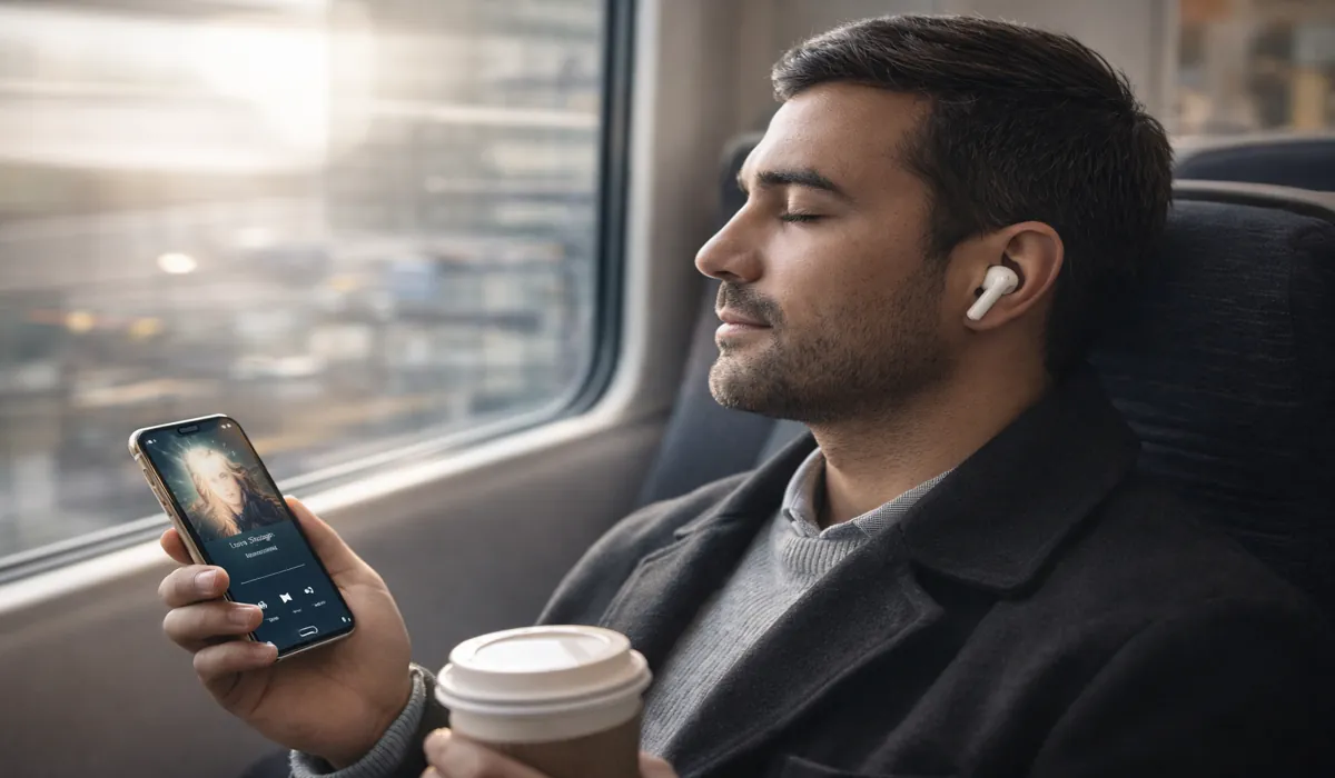 Person using wireless noise cancelling earbuds during a commute