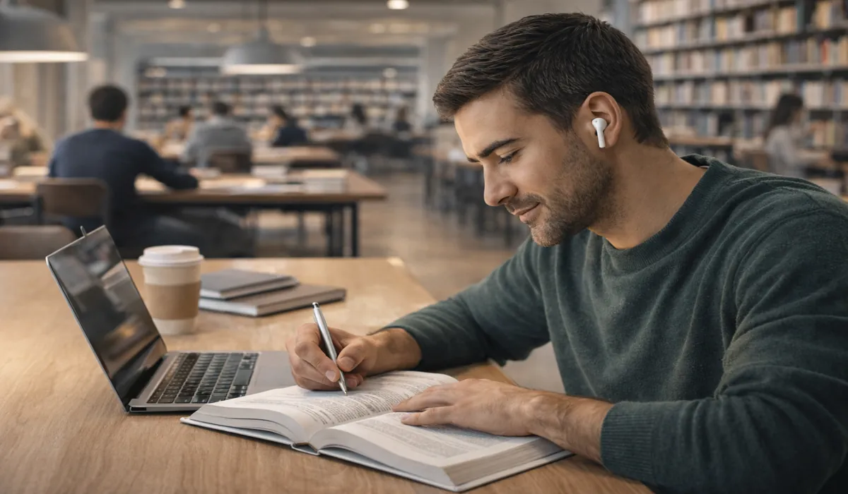 Student using wireless earbuds while studying in a library