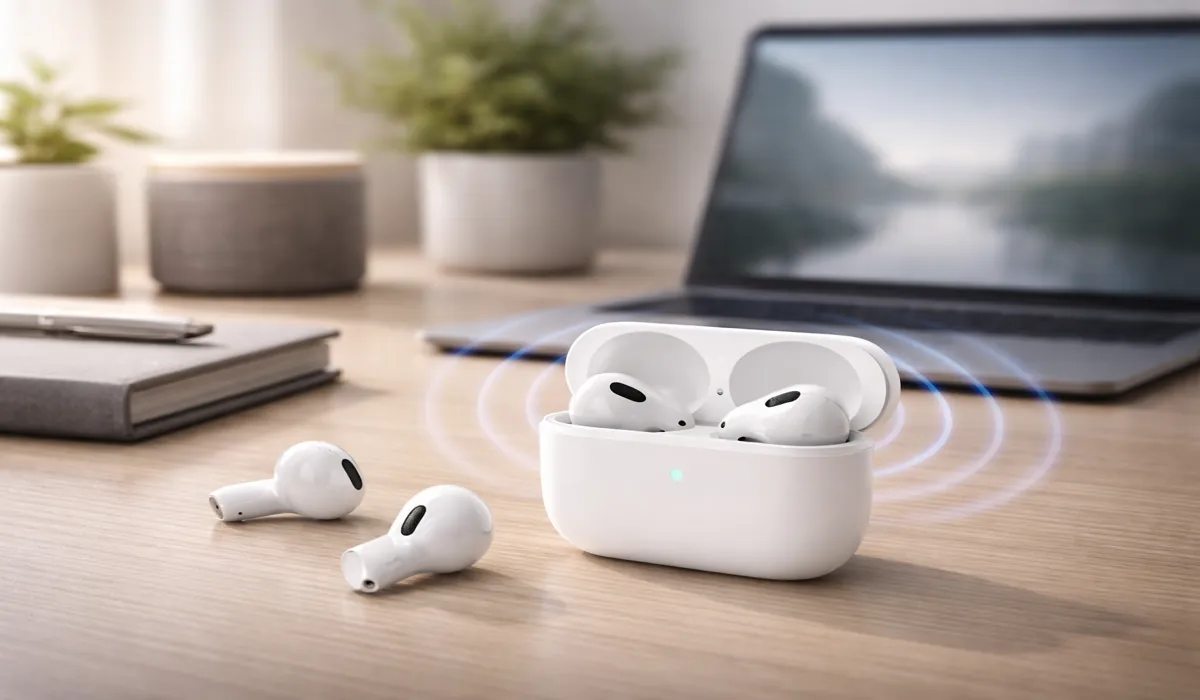 Wireless earbuds in a quiet workspace representing active noise cancellation