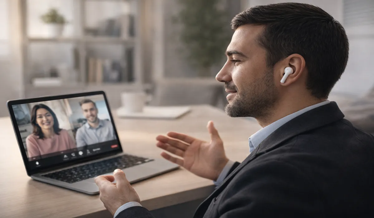 Remote worker wearing wireless earbuds during a video call