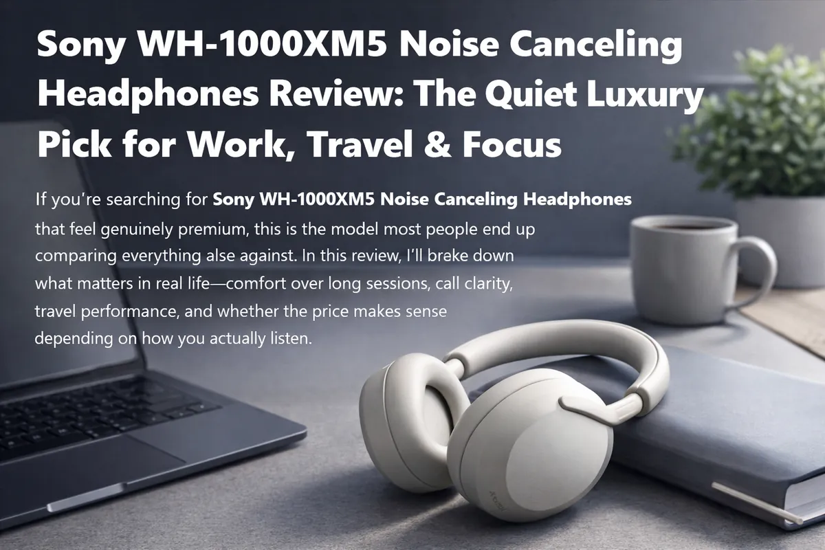 Sony WH-1000XM5 style premium over-ear noise canceling headphones on a clean desk setup