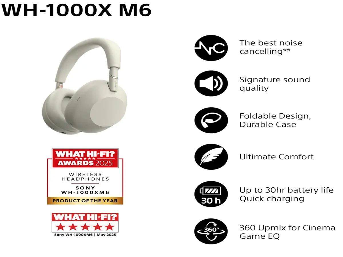 Sony WH-1000XM6 wireless noise cancelling headphones on a clean dark background