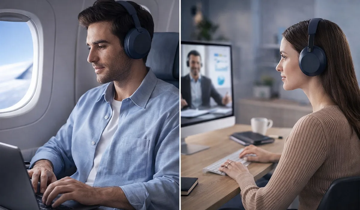 Sony WH-1000XM6 headphones use-case banner for travel and work scenarios