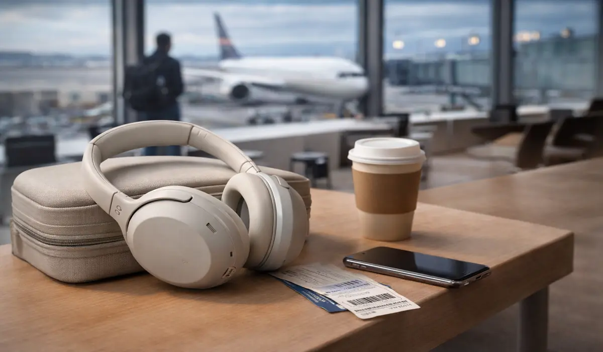 Premium over-ear headphones on a desk with a travel bag suggesting commute and flight use