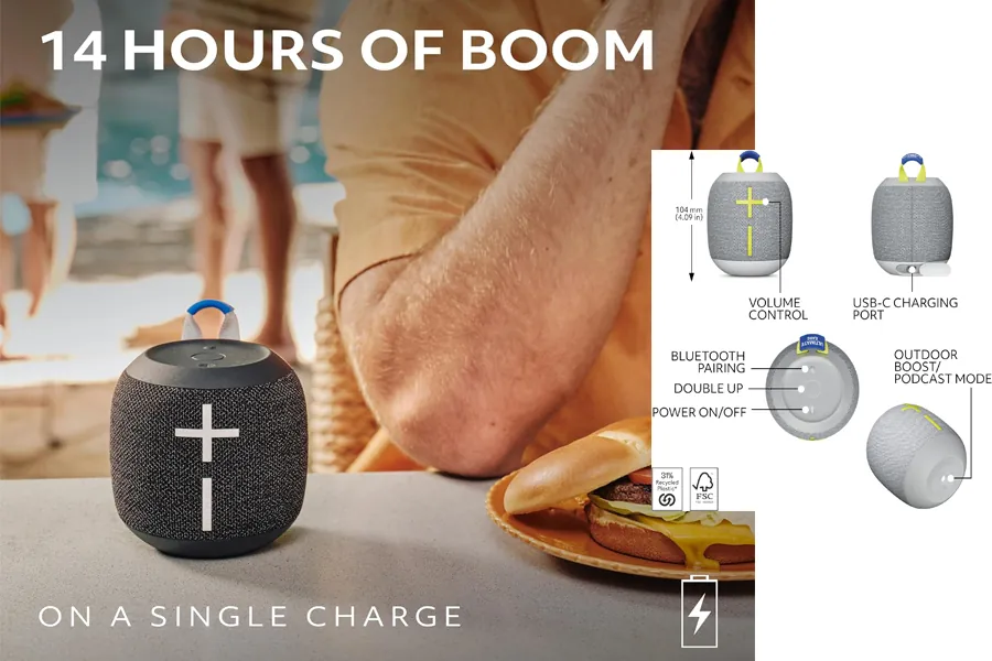 Ultimate Ears WONDERBOOM 4 outdoor bluetooth speaker in gray