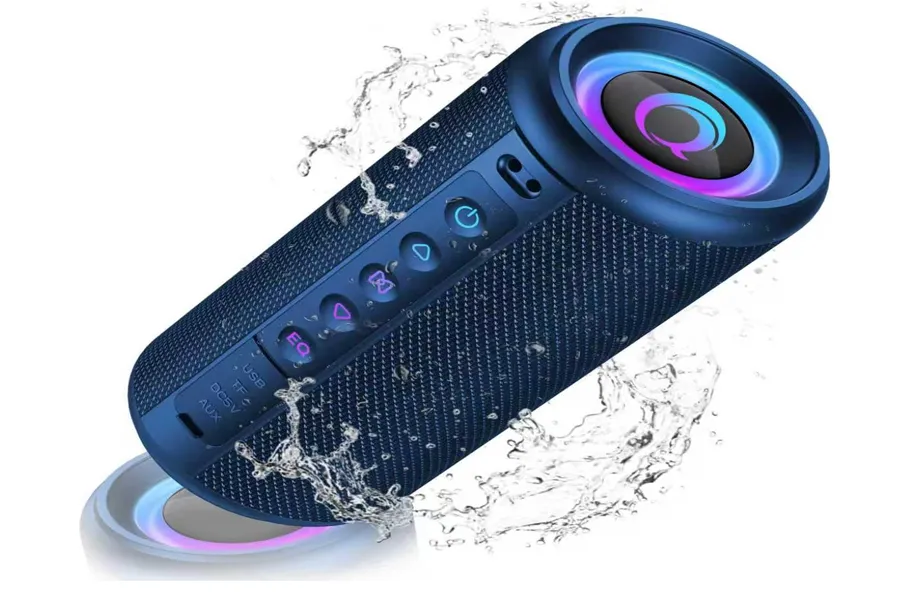 Portable Bluetooth speaker in blue with RGB lights for travel and outdoor use