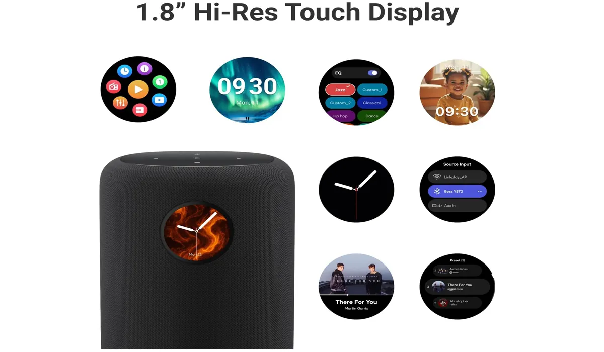 Close-up of the WiiM Sound smart speaker touch display showing now playing information