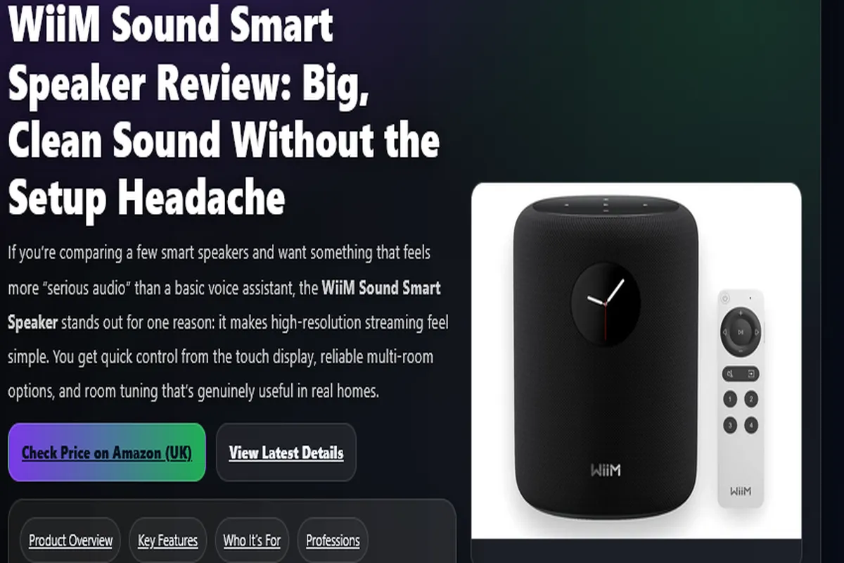 Premium home listening moment with a smart speaker playing music in a cozy room