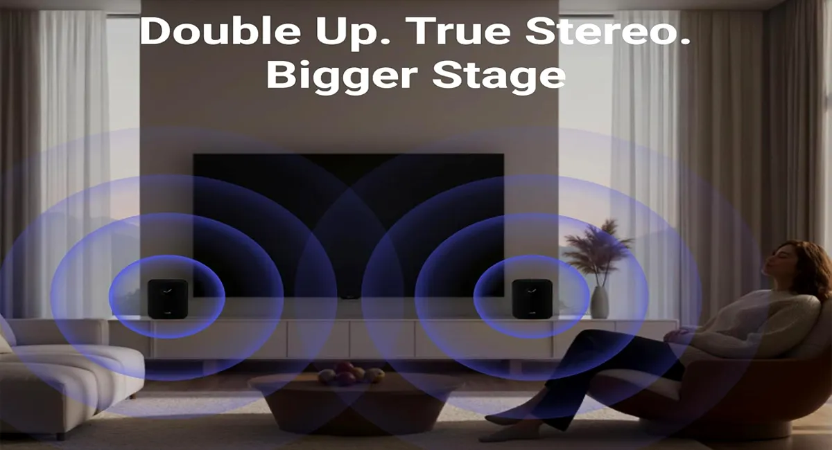 WiiM Sound smart speaker placed on a table in a bright living room for a premium home audio look