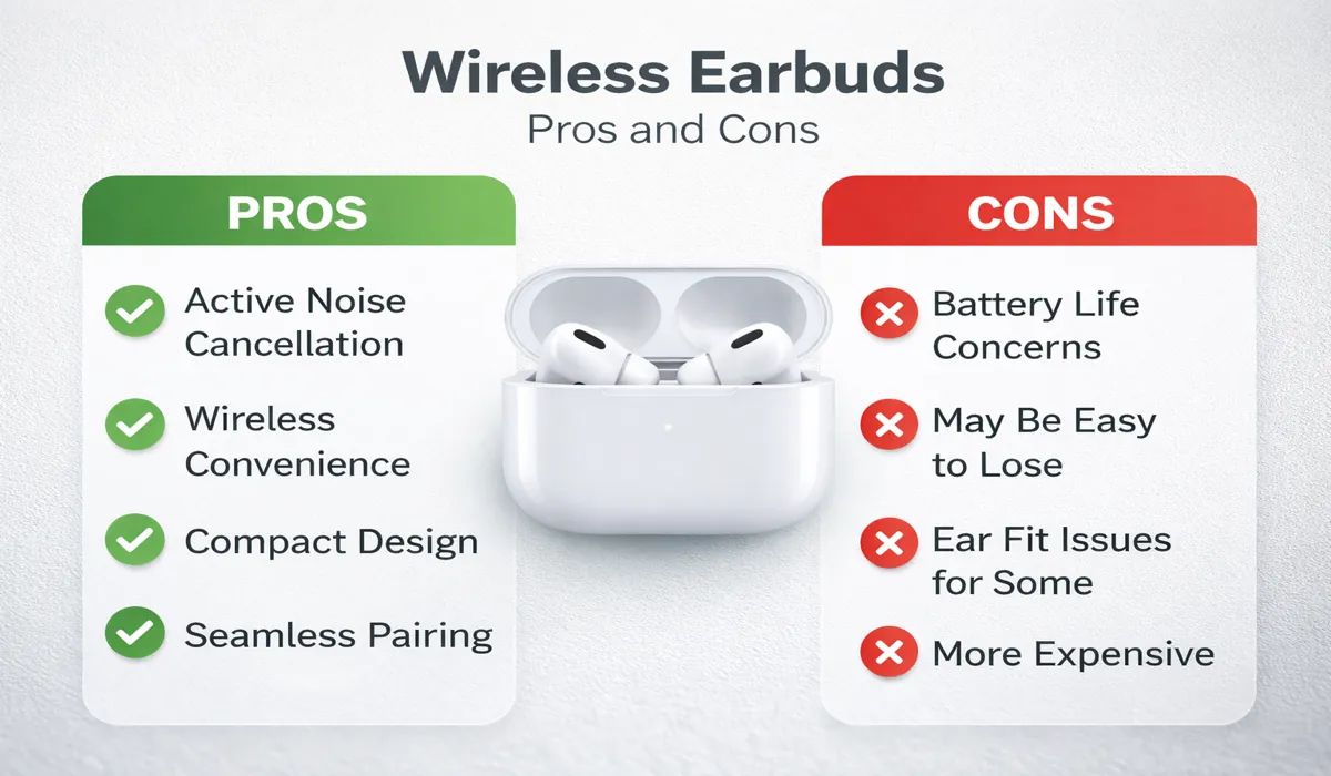 Comparison checklist representing pros and cons of wireless earbuds