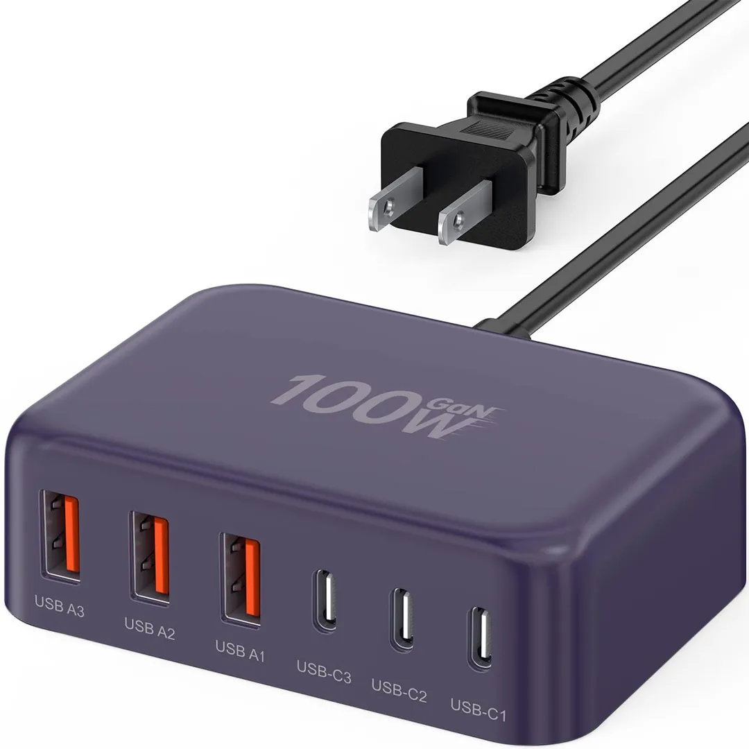 2026 updated USB-C fast charger 100W GaN 6 port block cube product card image