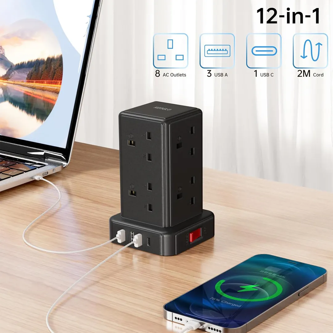 Kemelo tower extension lead with USB ports product card