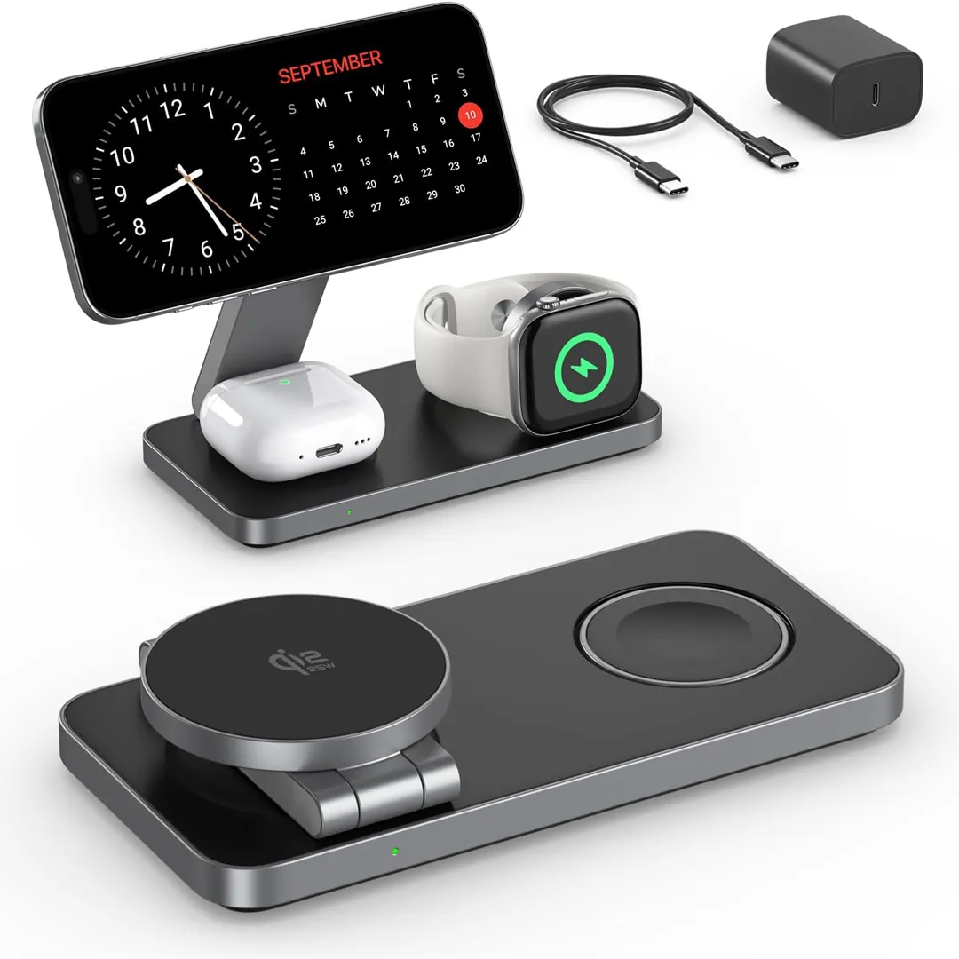 Qi2 fast magnetic travel wireless charger dock for iPhone and Apple Watch
