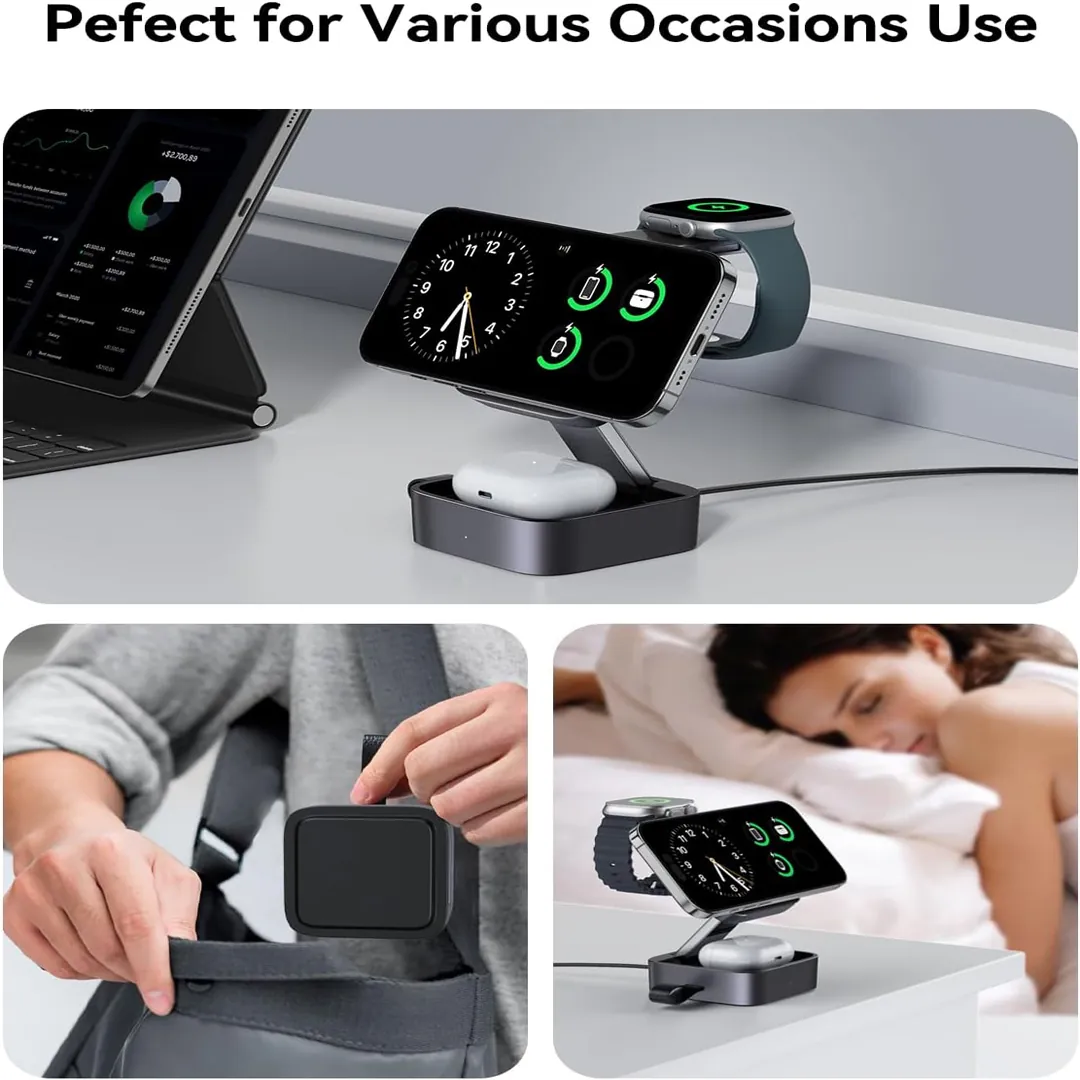3 in 1 magnetic foldable travel charging stand for Apple devices
