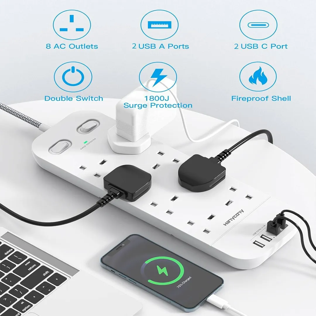 Extension lead with two USB C slots and four USB ports product image