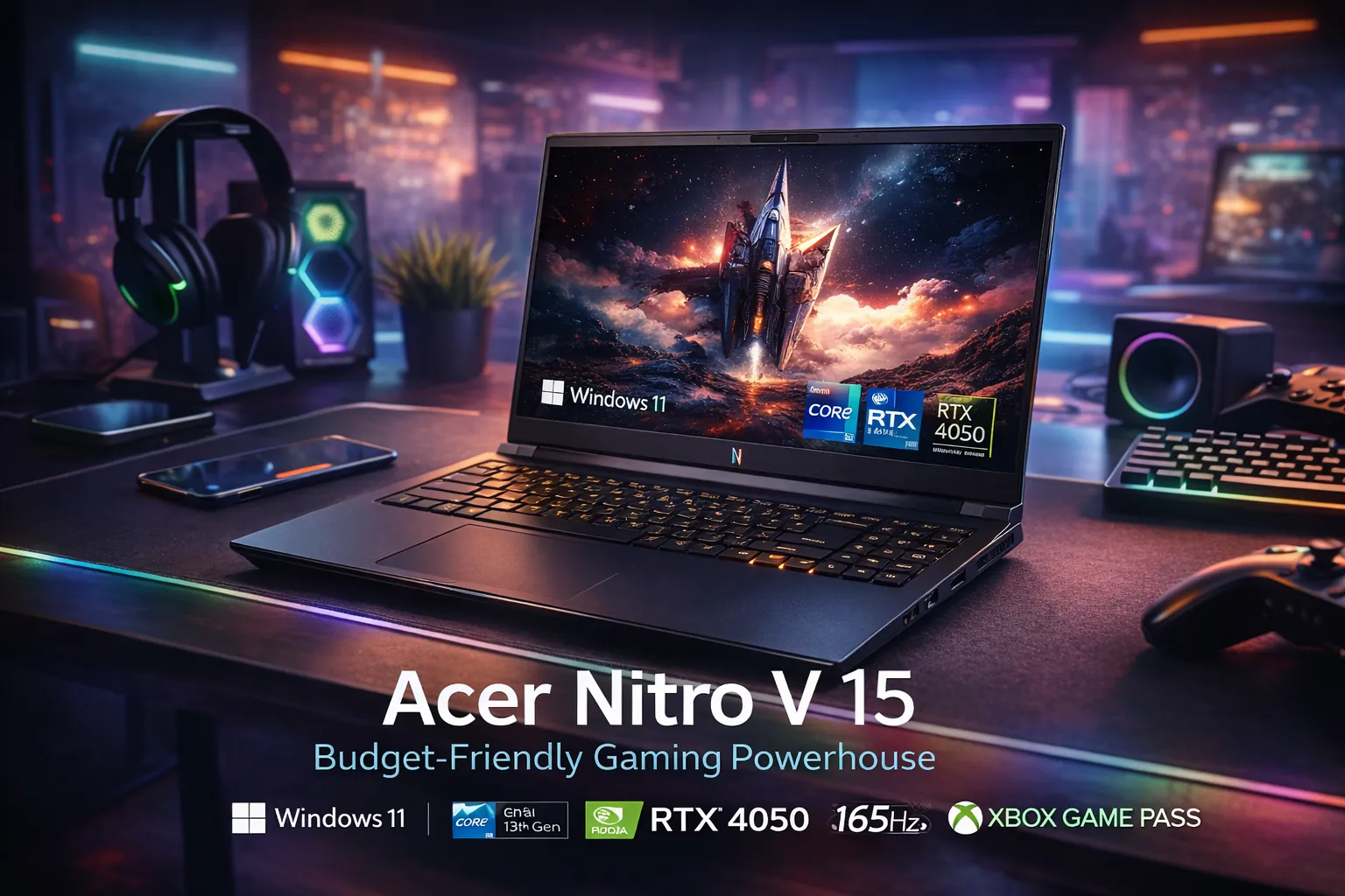 Acer Nitro V 15 RTX 4050 gaming laptop modern RGB desk setup lifestyle image